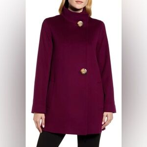 Fleurette stand collar wool car coat in aubergine